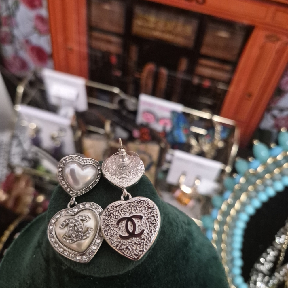 CHANEL Silver Heart Earrings with Logo